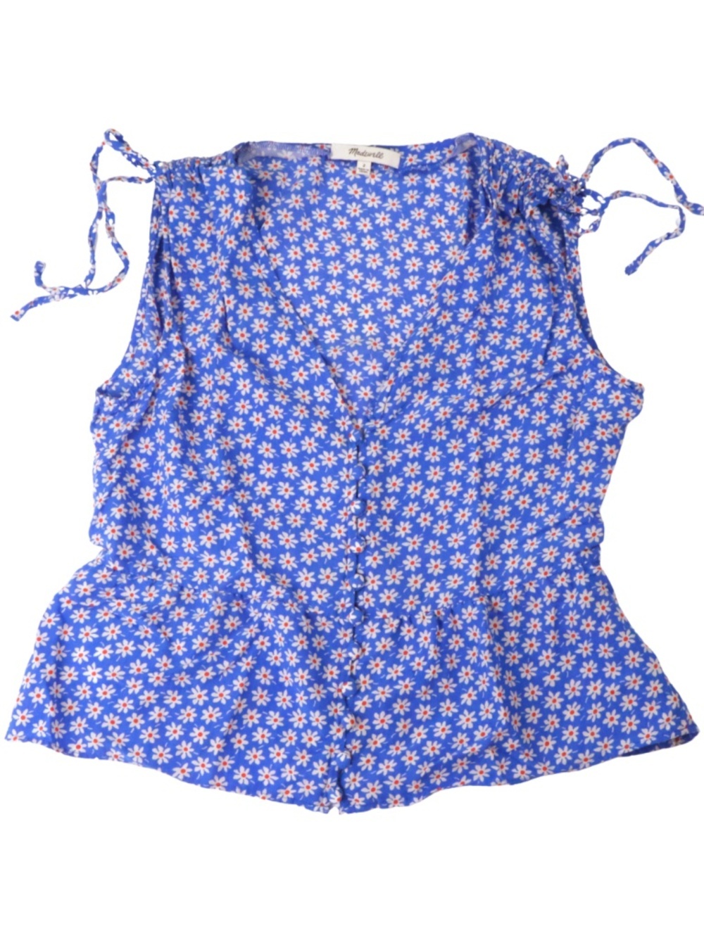 Madewell Blue Daisy Floral Tank Top Size 2 Tie Shoulder Peplum Blouse